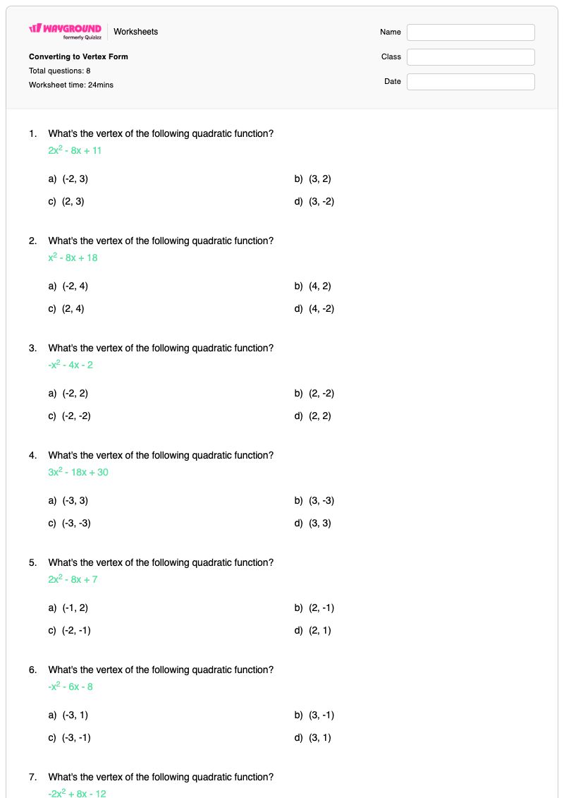 Converting to Vertex Form - พิมพ์ได้ Vertex-form เวิร์กชีท - Wayground