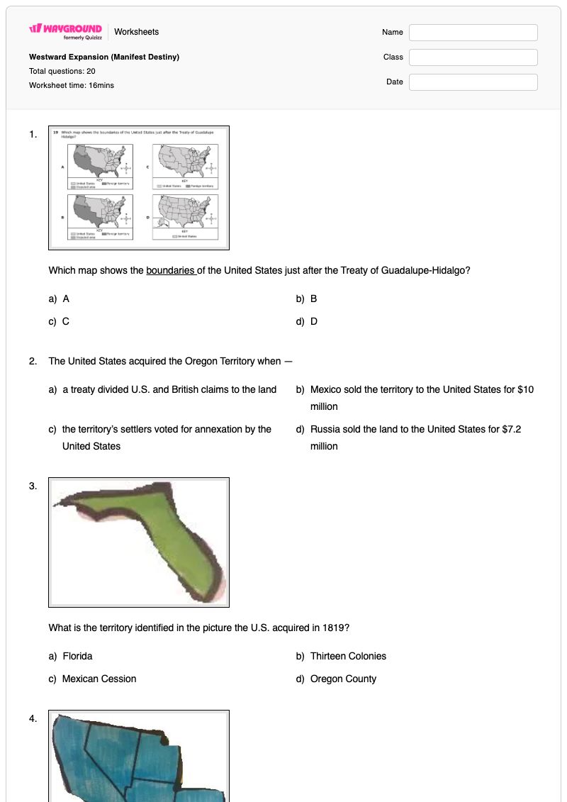 Westward Expansion (Manifest Destiny) - พิมพ์ได้ การขยายตัวไปทางทิศตะวันตก เวิร์กชีท - Wayground