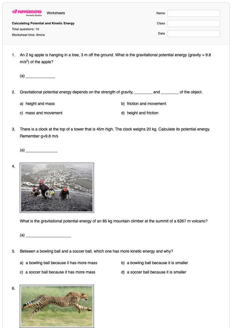 Calculating Potential and Kinetic Energy - พิมพ์ได้ แผนภาพพลังงานศักยภาพ เวิร์กชีท ระดับ 11 - Wayground