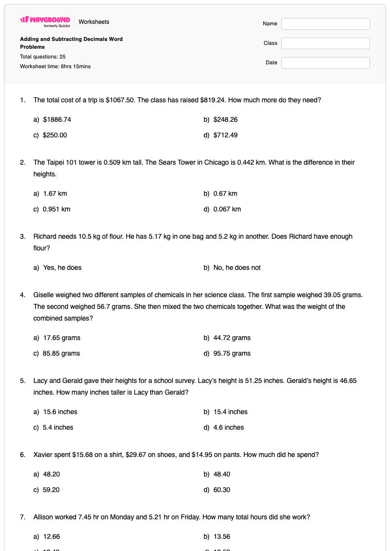 Adding and Subtracting Decimals Word Problems - พิมพ์ได้ Decimal-word-problems เวิร์กชีท - Wayground