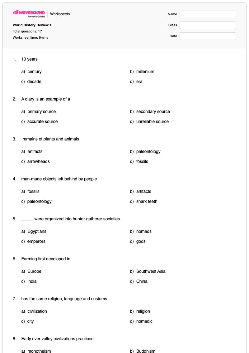 World History Review 1 - พิมพ์ได้ ระดับ 6 เวิร์กชีท - Wayground