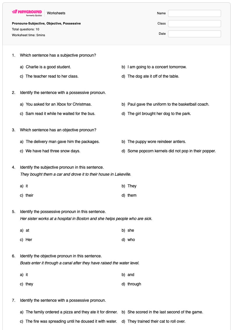 Pronouns-Subjective, Objective, Possessive - Printable Possessive-pronouns Worksheets - Wayground