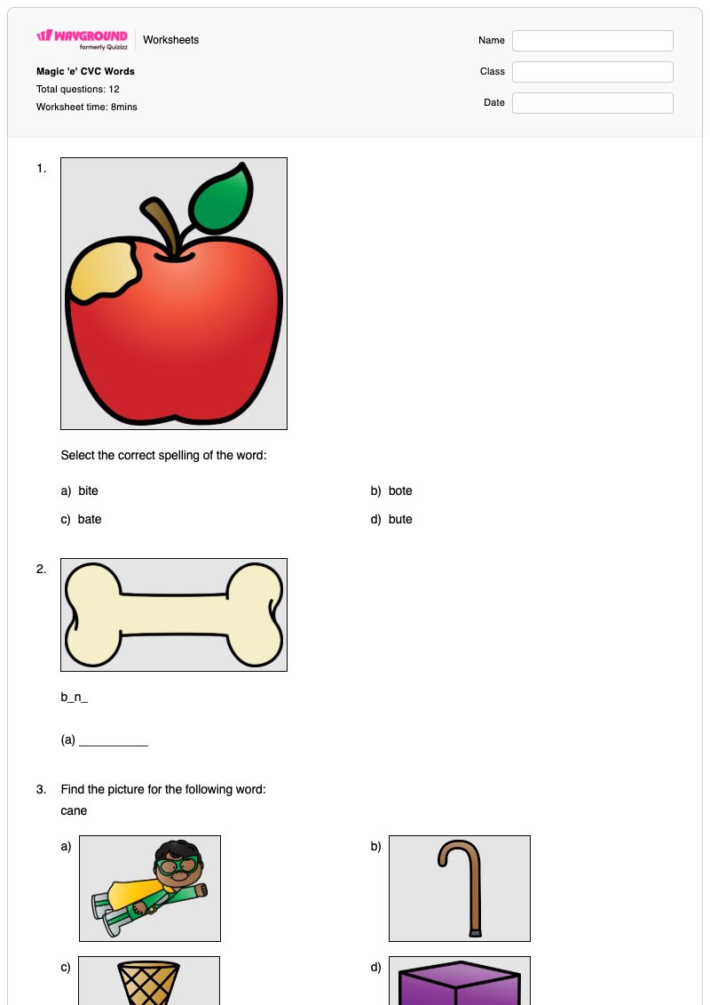 Magic 'e' CVC Words - Printable Cvc-words Worksheets Year 1 - Wayground