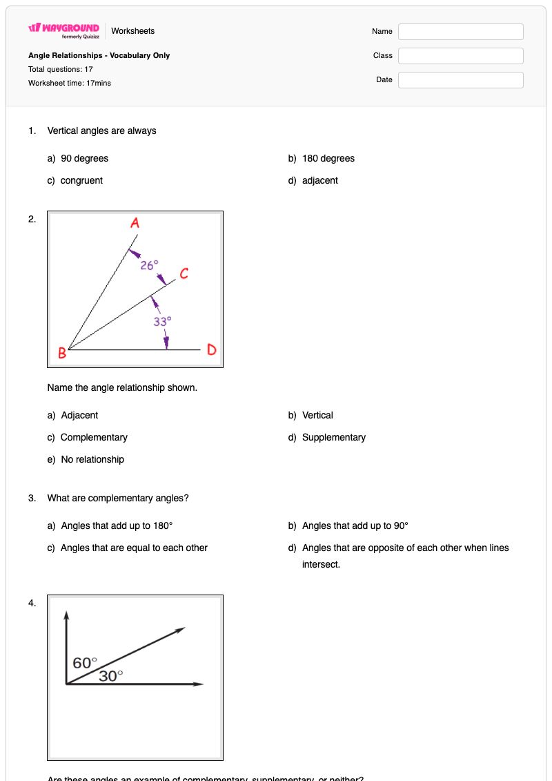 Angle Relationships - Vocabulary Only - พิมพ์ได้ ความสัมพันธ์เชิงมุม เวิร์กชีท - Wayground
