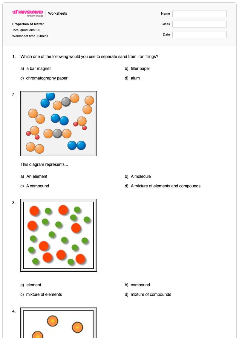 Properties of Matter - พิมพ์ได้ สมบัติทางกายภาพและทางเคมี เวิร์กชีท - Wayground