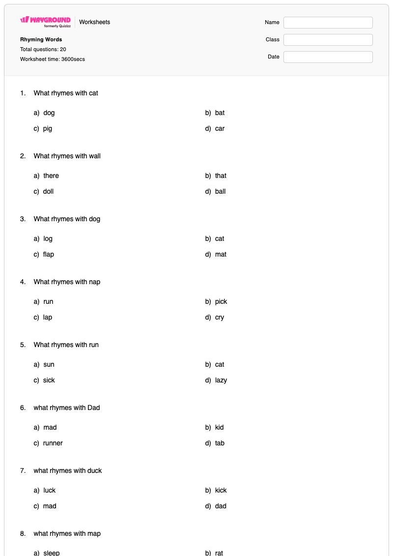 Rhyming Words - Printable Rhyming-words Worksheets Grade 3 - Wayground
