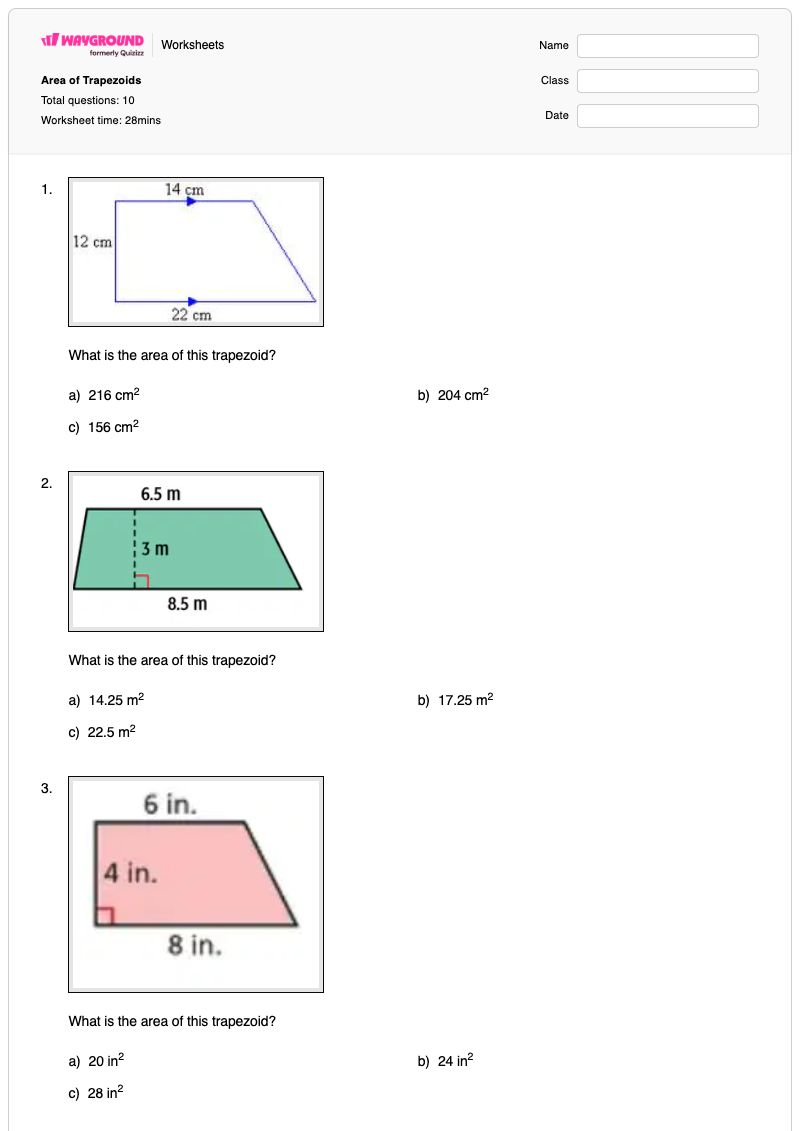 Area of Trapezoids - Printable Area-of-a-trapezoid Worksheets - Wayground