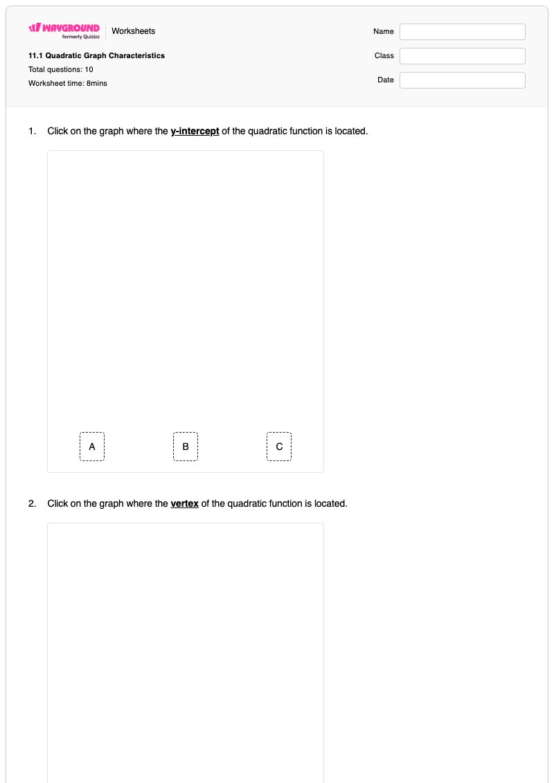 11.1 Quadratic Graph Characteristics - พิมพ์ได้ Cartesian-graphs เวิร์กชีท ระดับ 9 - Wayground