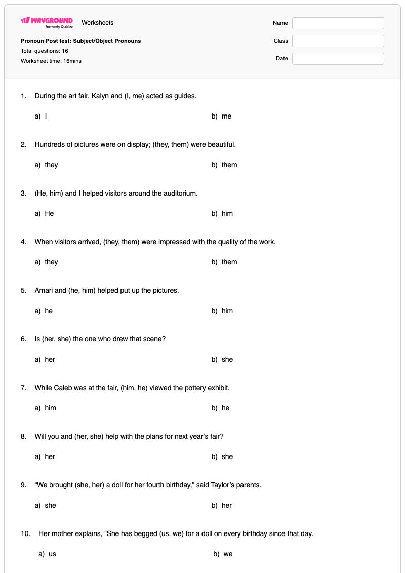 Pronoun Post test: Subject/Object Pronouns - พิมพ์ได้ Subject-and-object เวิร์กชีท - Wayground
