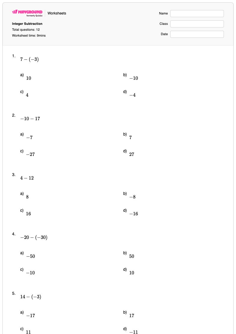 Integer Subtraction - Printable Subtraction Worksheets - Wayground