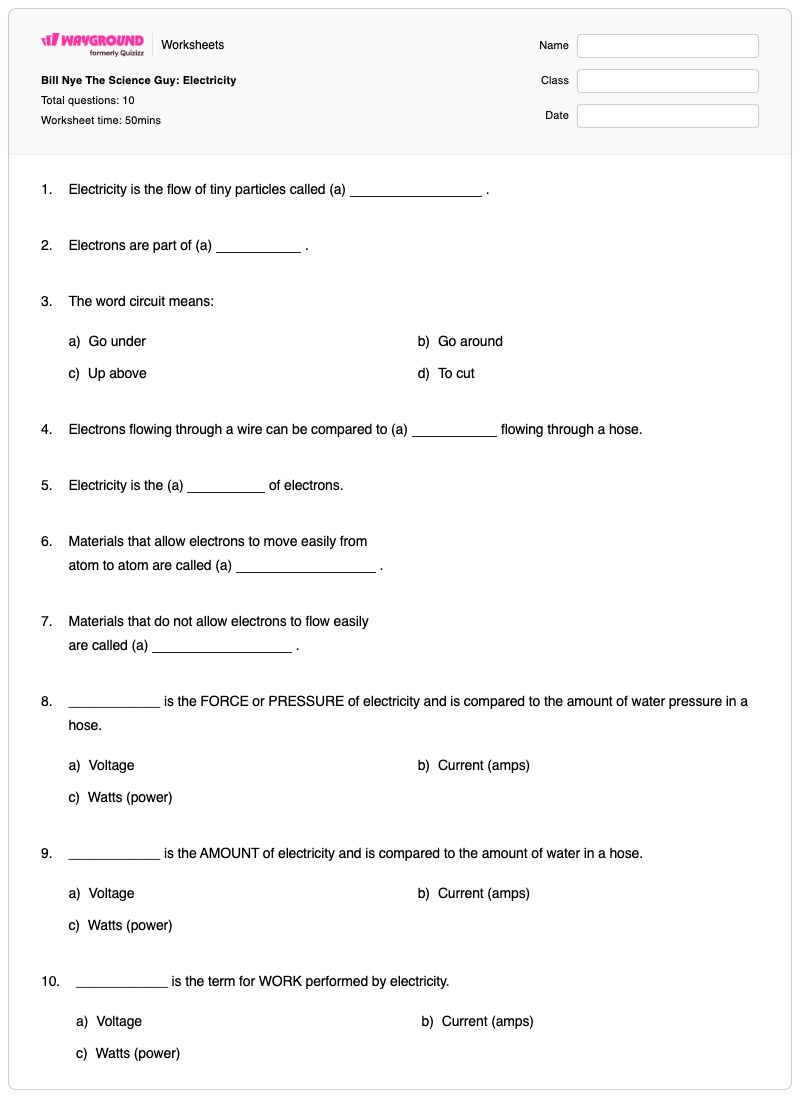 Bill Nye The Science Guy: Electricity - Printable Science Worksheets - Wayground