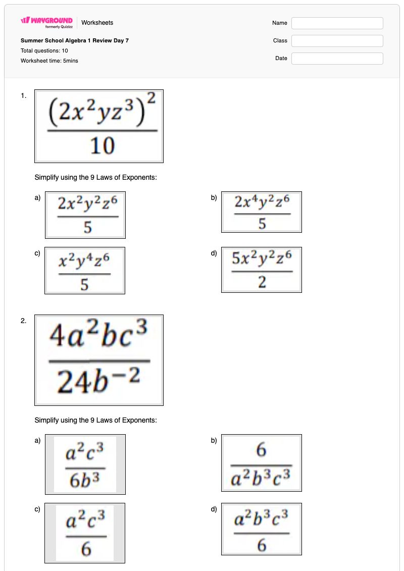 Summer School Algebra 1 Review Day 7 - Printable Algebra Worksheets - Wayground