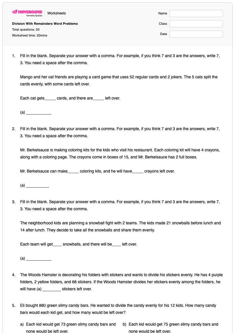 Long Math Problems Printable Division With Remainders Word Problems - Free Printable Worksheet ...