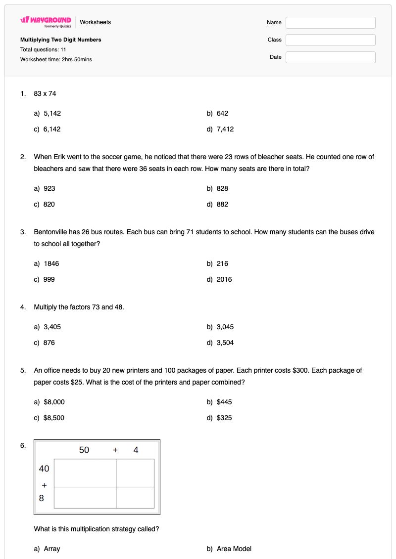 Multiplying Two Digit Numbers - พิมพ์ได้ ตัวเลขสองหลัก เวิร์กชีท - Wayground