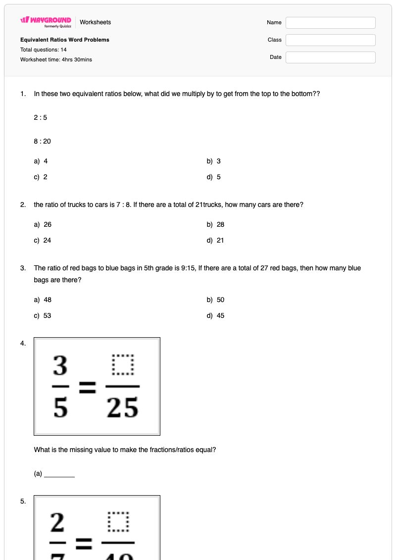 Equivalent Ratios Word Problems - พิมพ์ได้ โจทย์ปัญหาเรขาคณิต เวิร์กชีท ระดับ 6 - Wayground