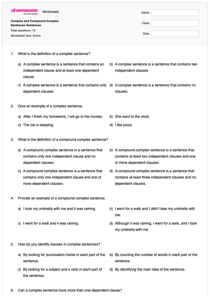 Complex and Compound Complex Sentences Sentences - พิมพ์ได้ ประโยคผสมเชิงซ้อน เวิร์กชีท ระดับ 9 - Wayground