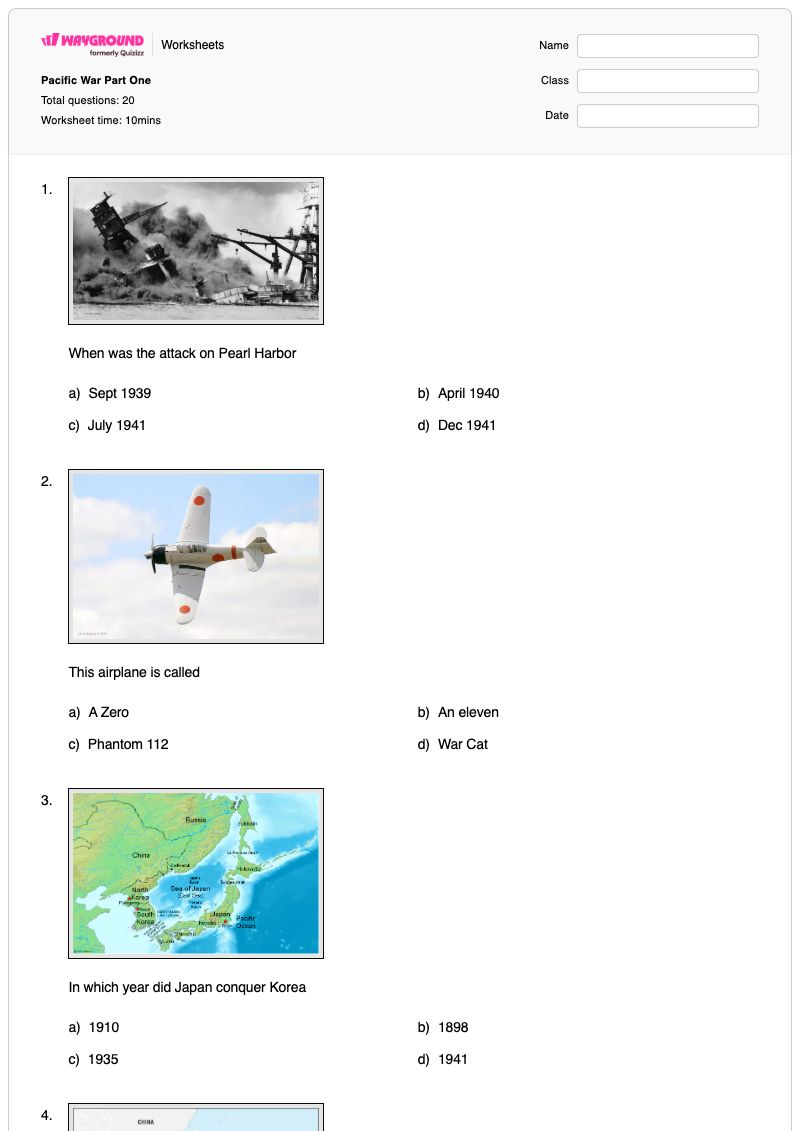 Pacific War Part One  - Printable Pacific-theater-of-world-war-2 Worksheets Year 10 - Wayground
