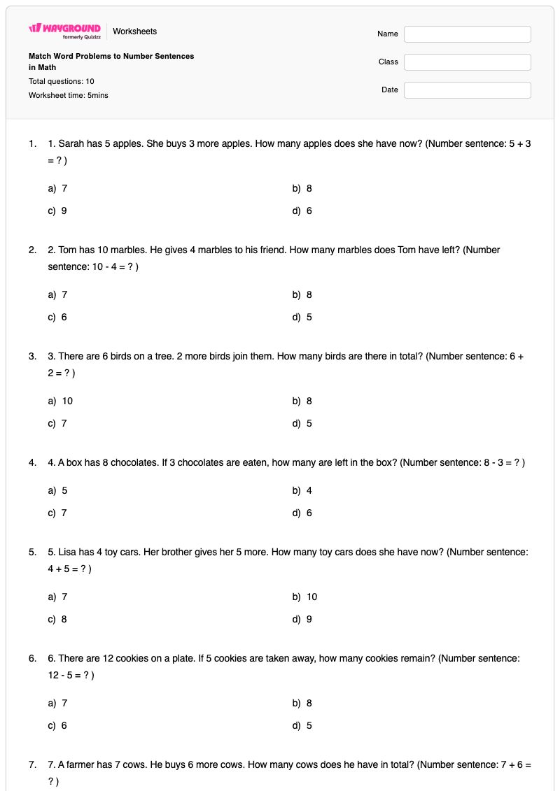 Match Word Problems to Number Sentences in Math - พิมพ์ได้ คำศัพท์เกี่ยวกับตัวเลข เวิร์กชีท - Wayground