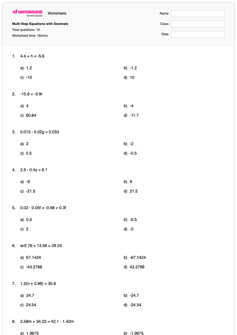 Multi-Step Equations with Decimals - พิมพ์ได้ สมการหลายขั้นตอน เวิร์กชีท - Wayground