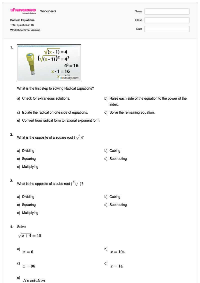 Radical Equations - Printable Dividing-radicals Worksheets Grade 12 - Wayground