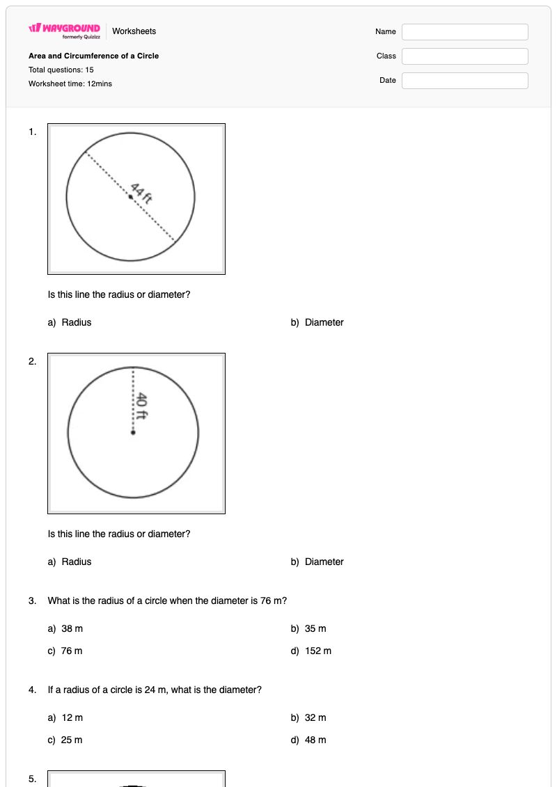 Area and Circumference of a Circle - พิมพ์ได้ พื้นที่และเส้นรอบวงของวงกลม เวิร์กชีท - Wayground