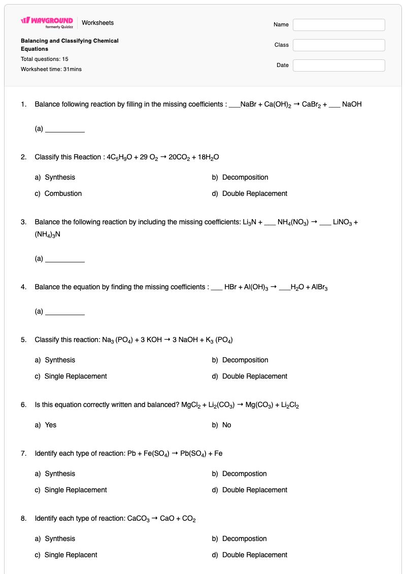 Balancing and Classifying Chemical Equations - พิมพ์ได้ การจำแนกประเภทปฏิกิริยา เวิร์กชีท - Wayground