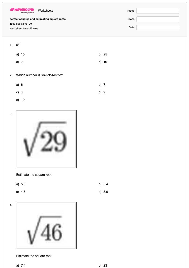 perfect squares and estimating square roots  - Printable Estimating-quotients Worksheets Year 8 - Wayground