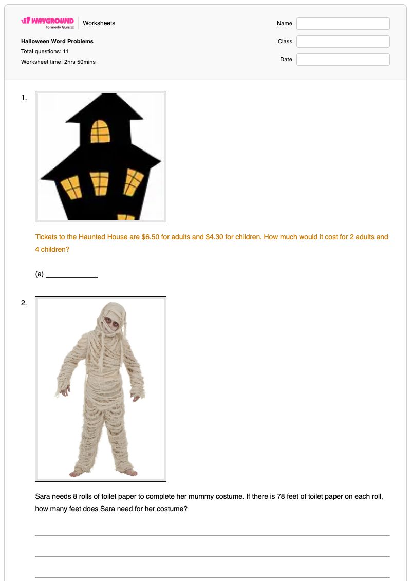 Halloween Word Problems - พิมพ์ได้ Bar-model-word-problems เวิร์กชีท ระดับ 4 - Wayground