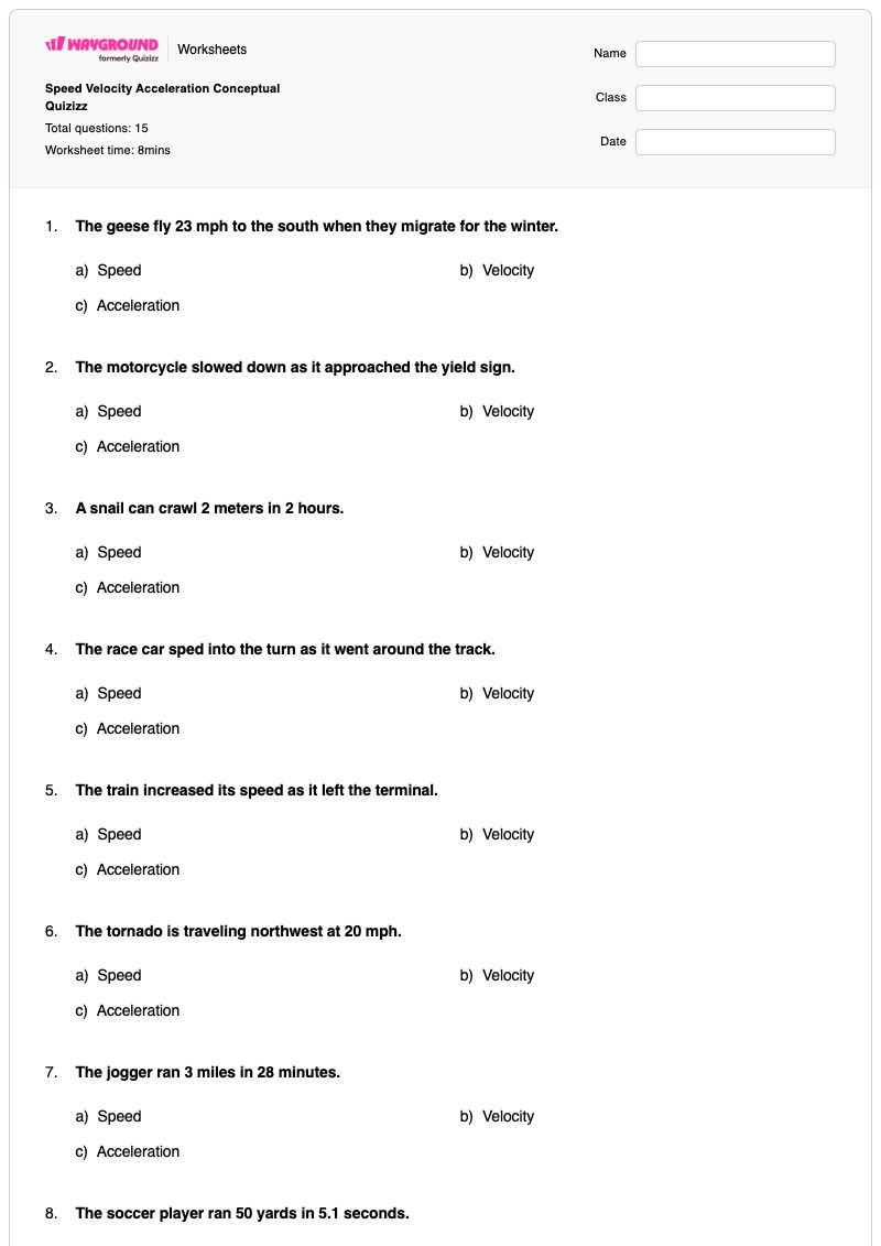 Speed Velocity Acceleration Conceptual Quizizz - พิมพ์ได้ ความเร็วและความเร่ง เวิร์กชีท - Wayground