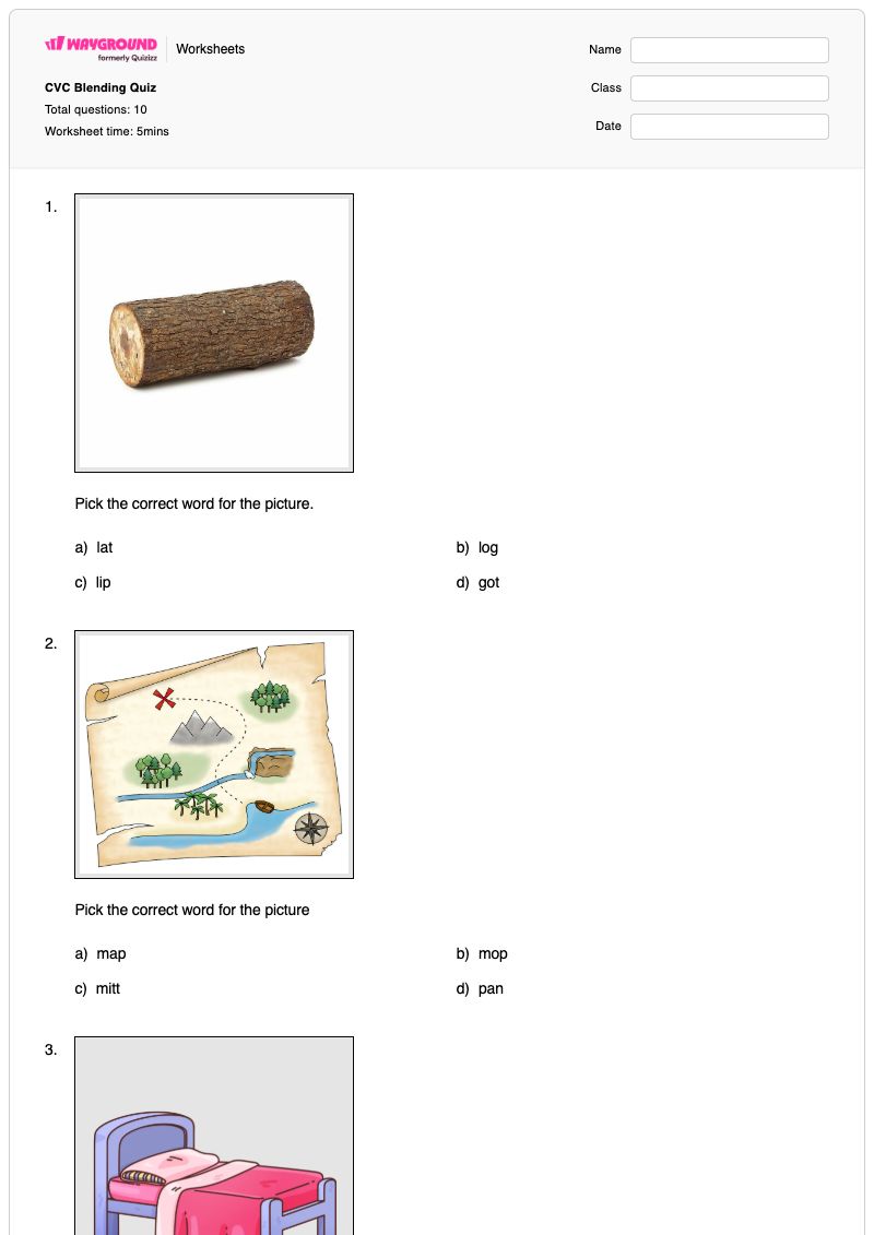 CVC Blending Quiz - Printable Cvc-blending Worksheets Kindergarten - Wayground