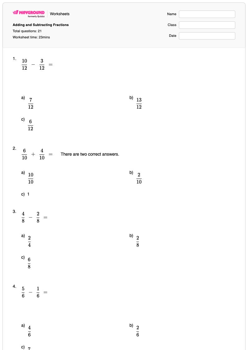 Adding and Subtracting Fractions - Printable Adding-and-subtracting-fractions Worksheets Grade 3 - Wayground