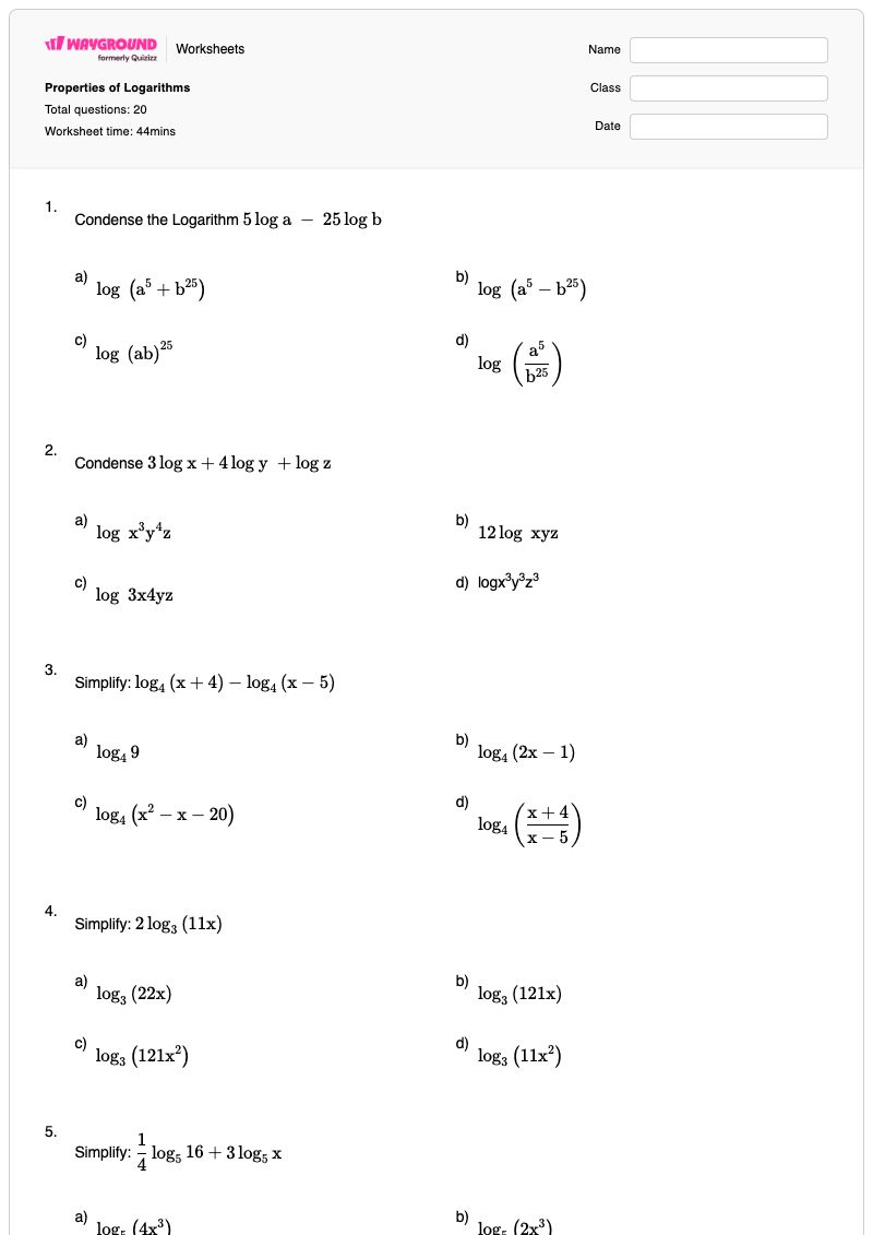 Properties of Logarithms - Printable Logarithms Worksheets - Wayground
