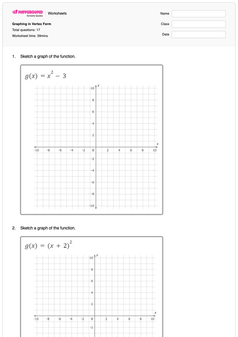 Graphing in Vertex Form - พิมพ์ได้ Vertex-form เวิร์กชีท - Wayground