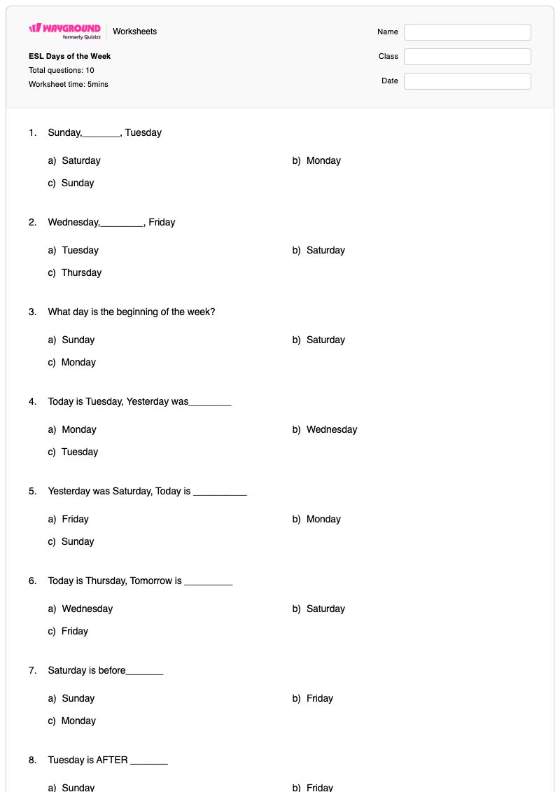 ESL Days of the Week - Printable Days-of-the-week Worksheets - Wayground