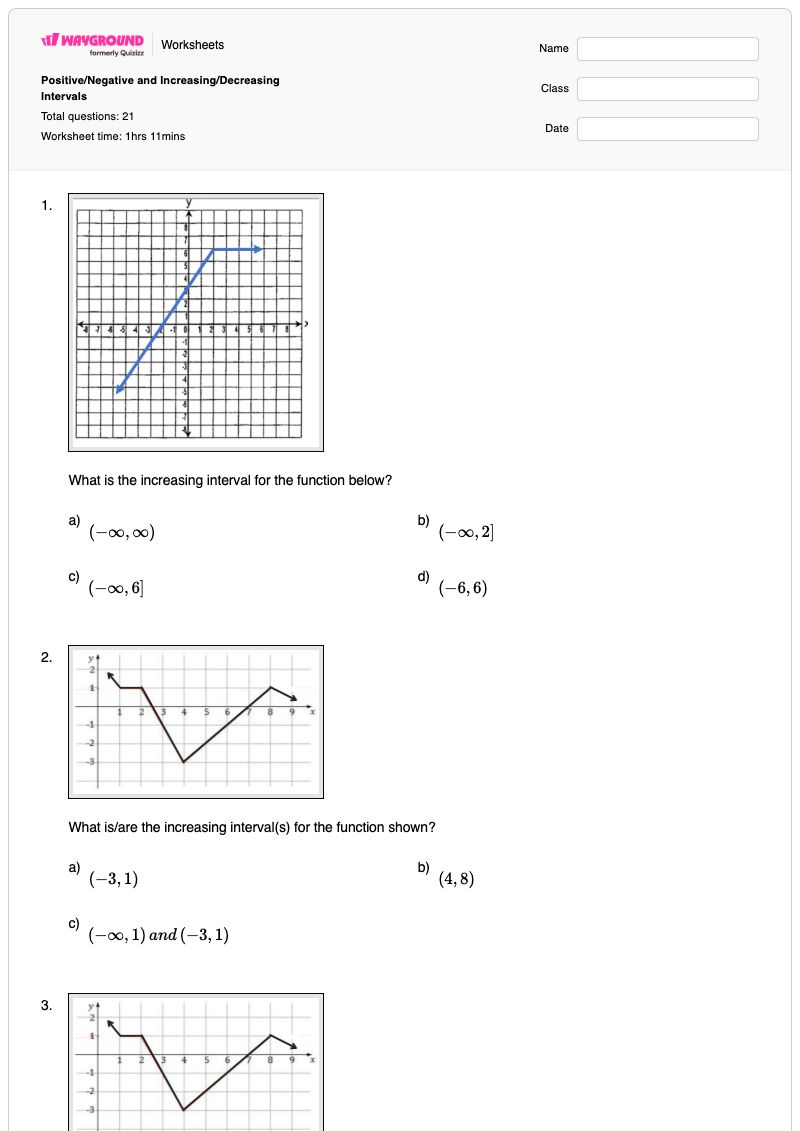 Positive/Negative and Increasing/Decreasing Intervals - พิมพ์ได้ Intervals เวิร์กชีท - Wayground