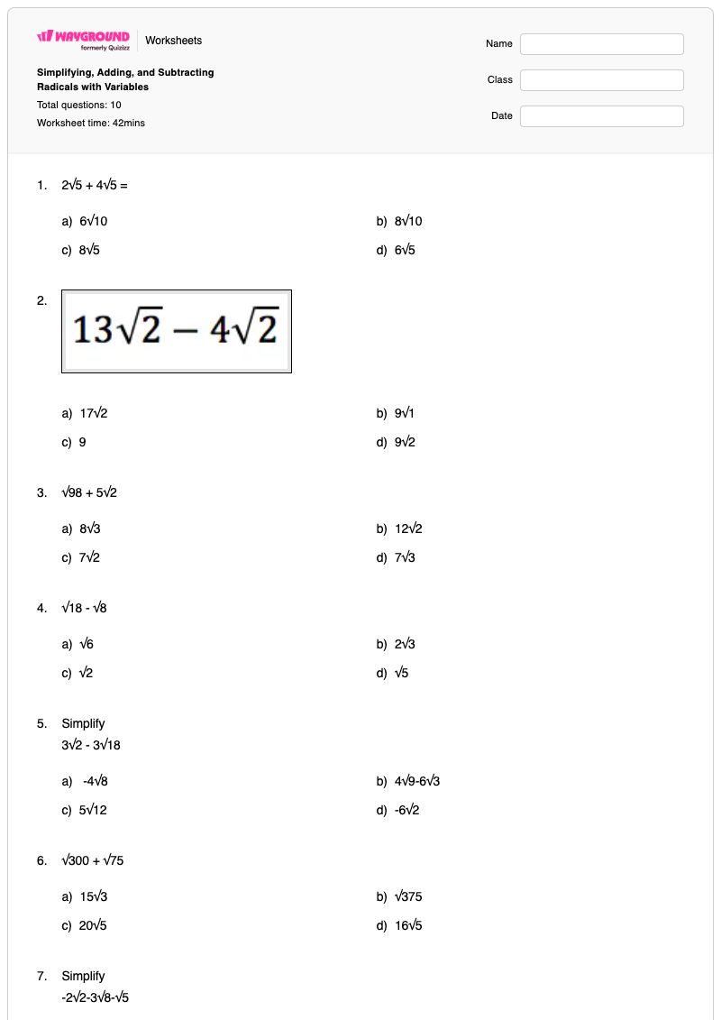Simplifying, Adding, and Subtracting Radicals with Variables - พิมพ์ได้ Adding-and-subtracting-radicals เวิร์กชีท - Wayground