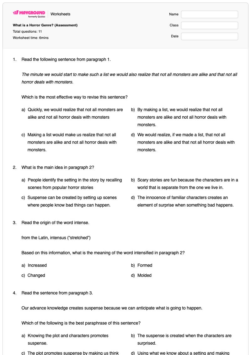 What is a Horror Genre? (Assessment) - Printable Making-predictions-in-fiction Worksheets - Wayground
