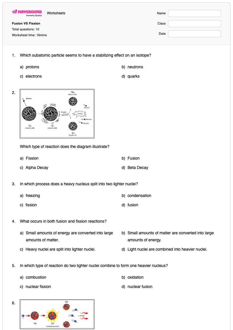 Fusion VS Fission  - Printable Fission-and-fusion Worksheets - Wayground
