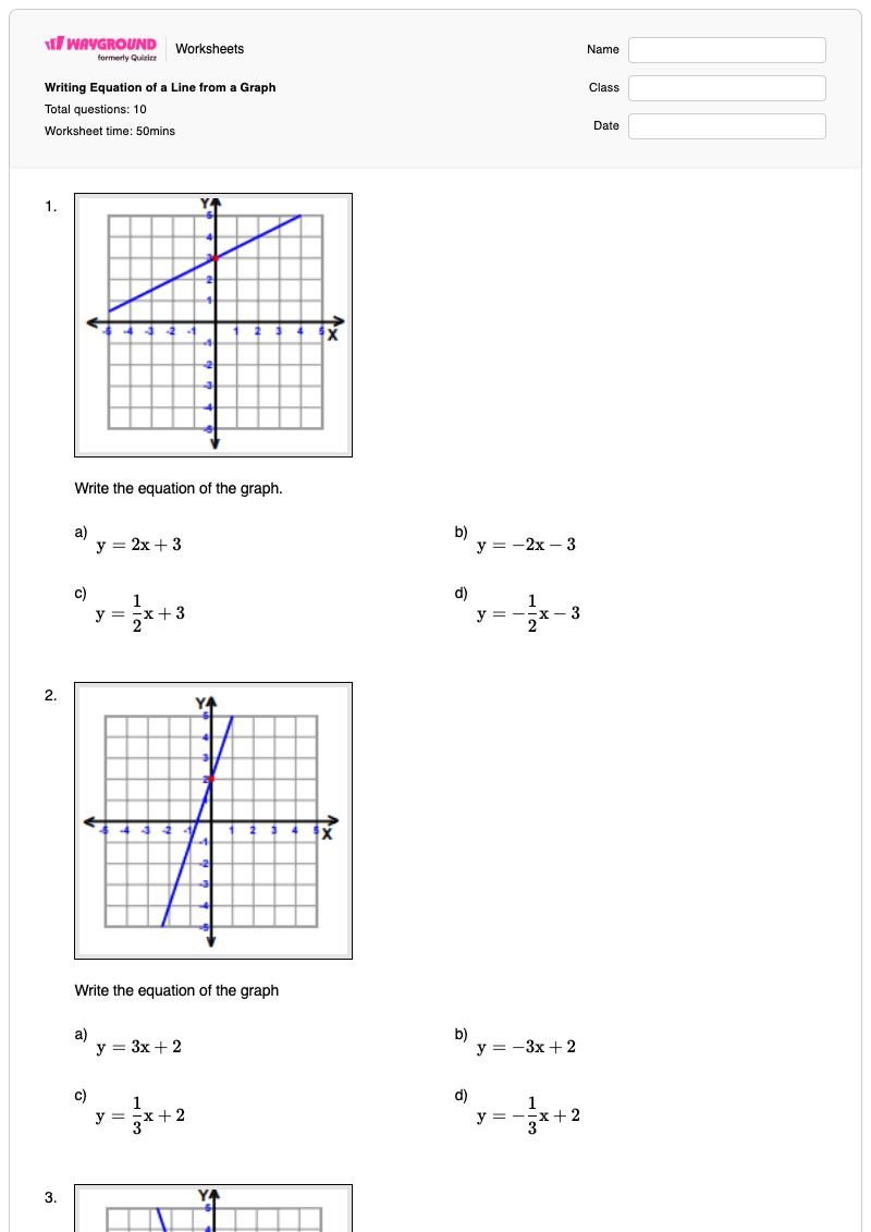 Writing Equation of a Line from a Graph - Printable Equation-of-a-line Worksheets Class 7 - Wayground