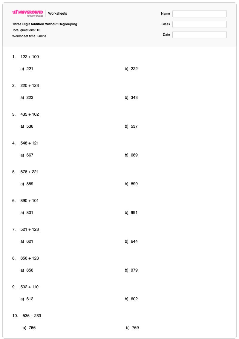 Three Digit Addition Without Regrouping - Printable Three-digit-addition-with-regrouping Worksheets - Wayground
