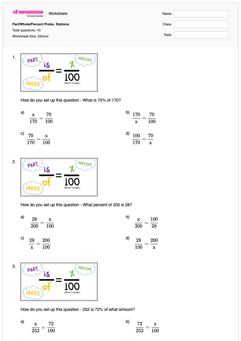 Part/Whole/Percent Probs.  Stations - พิมพ์ได้ โจทย์ปัญหาเกี่ยวกับเปอร์เซ็นต์ เวิร์กชีท - Wayground