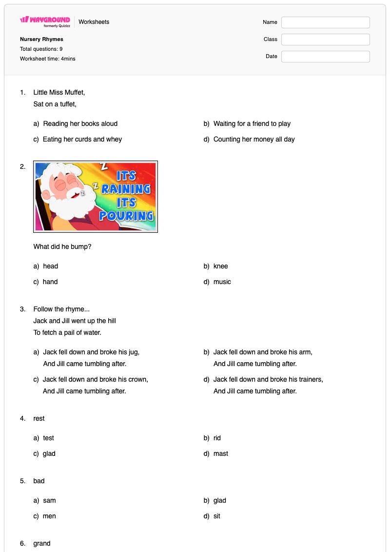 Nursery Rhymes - Printable Nursery-rhymes Worksheets Kindergarten - Wayground