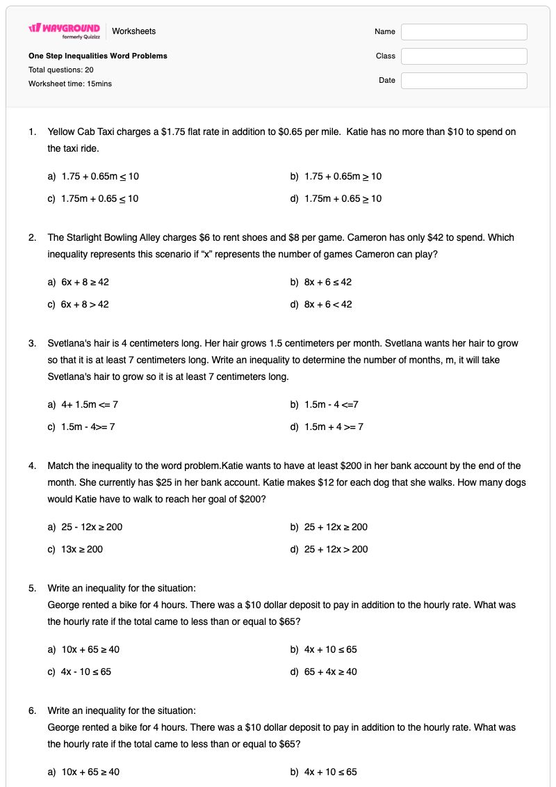 One Step Inequalities Word Problems - Printable One-step-inequalities Worksheets - Wayground