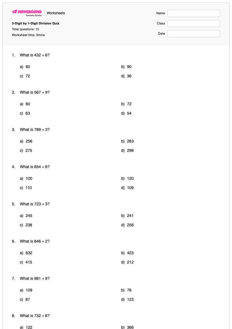 3-Digit by 1-Digit Division Quiz - Printable Division Worksheets - Wayground