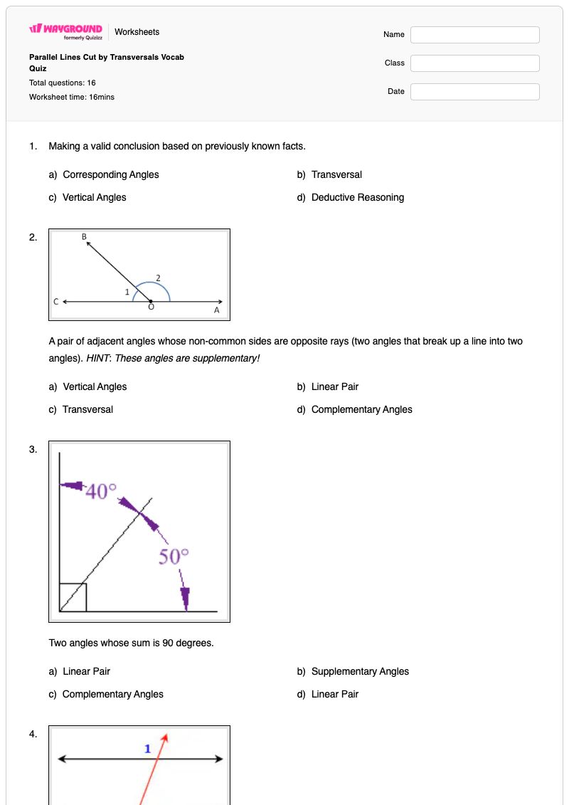Parallel Lines Cut by Transversals Vocab Quiz - Printable Transversal-of-parallel-lines Worksheets - Wayground