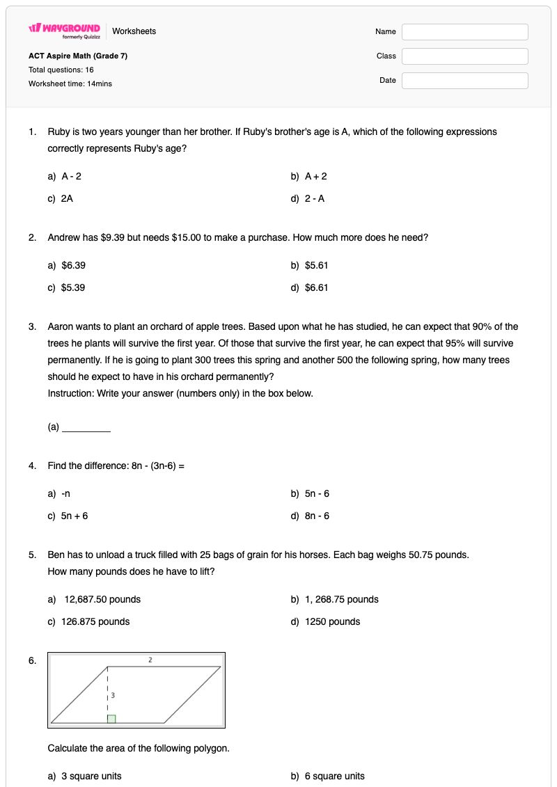 ACT Aspire Math (Grade 7) - Printable Math Worksheets Year 7 - Wayground