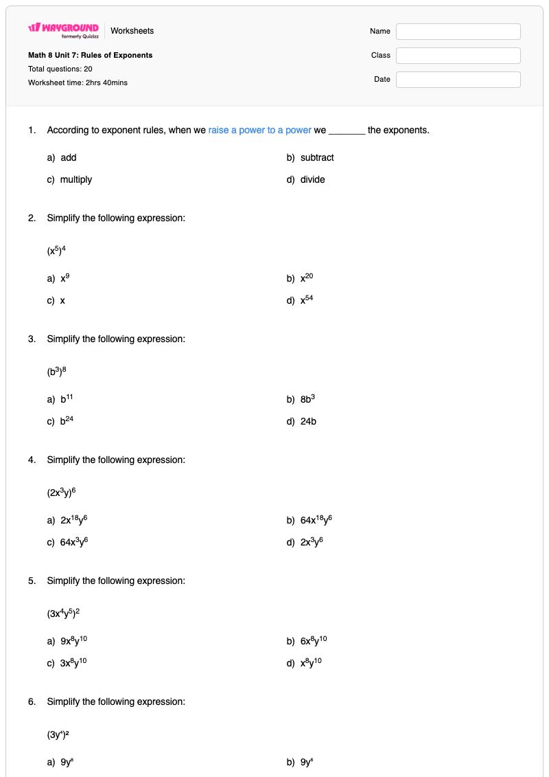 Math 8 Unit 7: Rules of Exponents - พิมพ์ได้ คุณสมบัติของเลขยกกำลัง เวิร์กชีท - Wayground