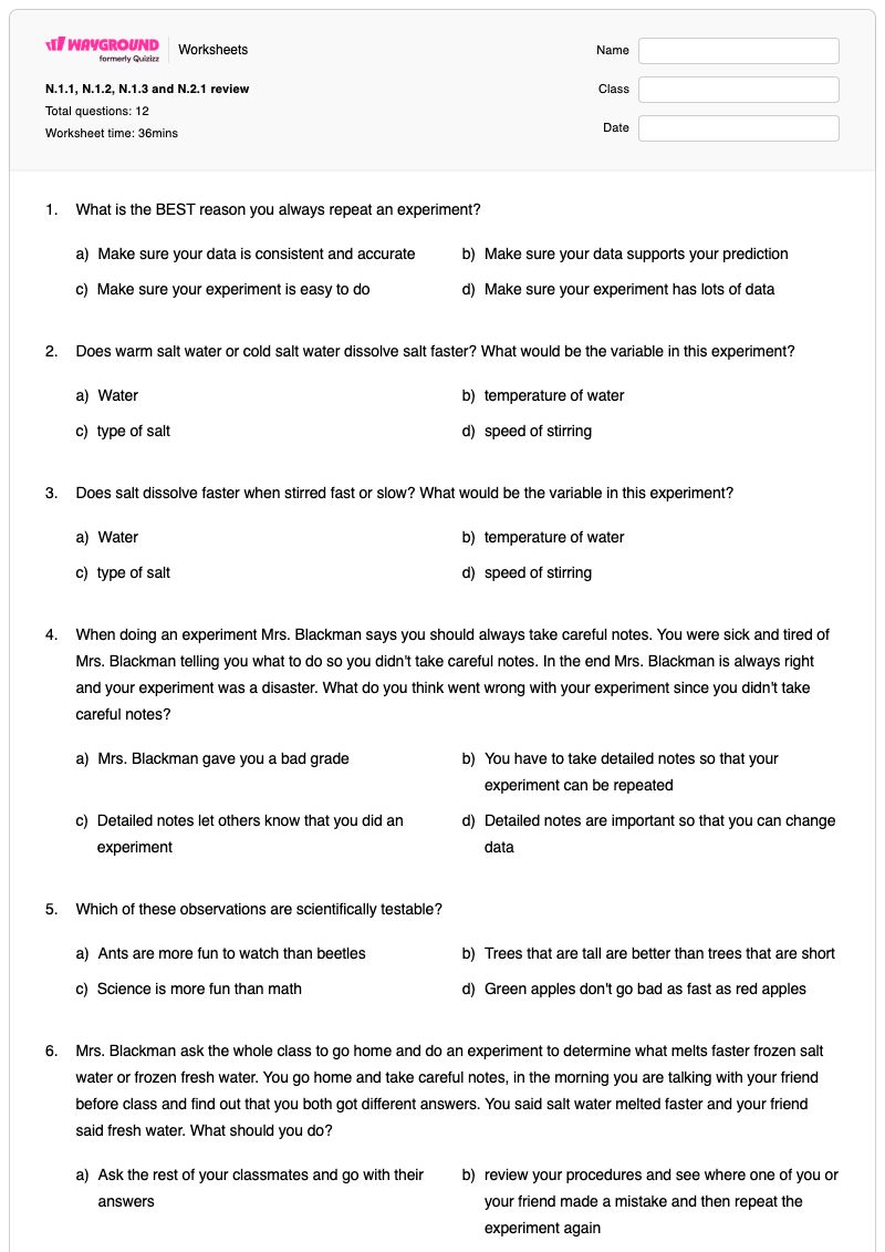 N.1.1, N.1.2, N.1.3 and N.2.1 review - Printable Science Worksheets - Wayground
