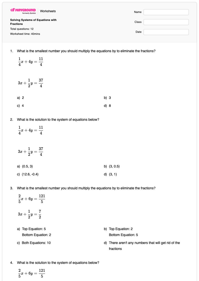 Solving Systems of Equations with Fractions - Printable Systems-of-equations Worksheets - Wayground