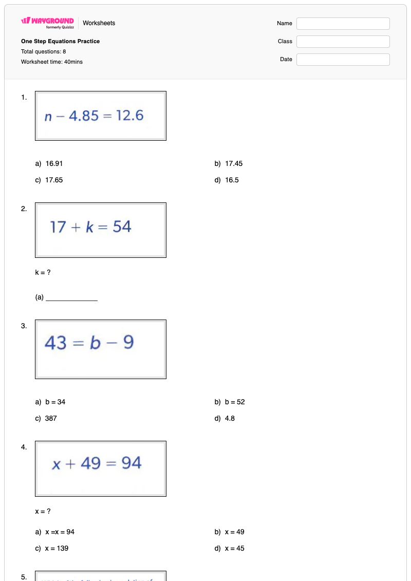 One Step Equations Practice - Printable One-to-one-correspondence Worksheets - Wayground
